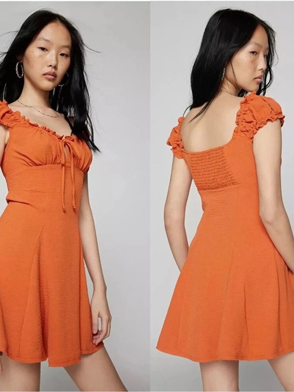 Urban Outfitters Kimchi Blue Blair Milkmaid Orange Ruffle-Sleeve Mini Dress